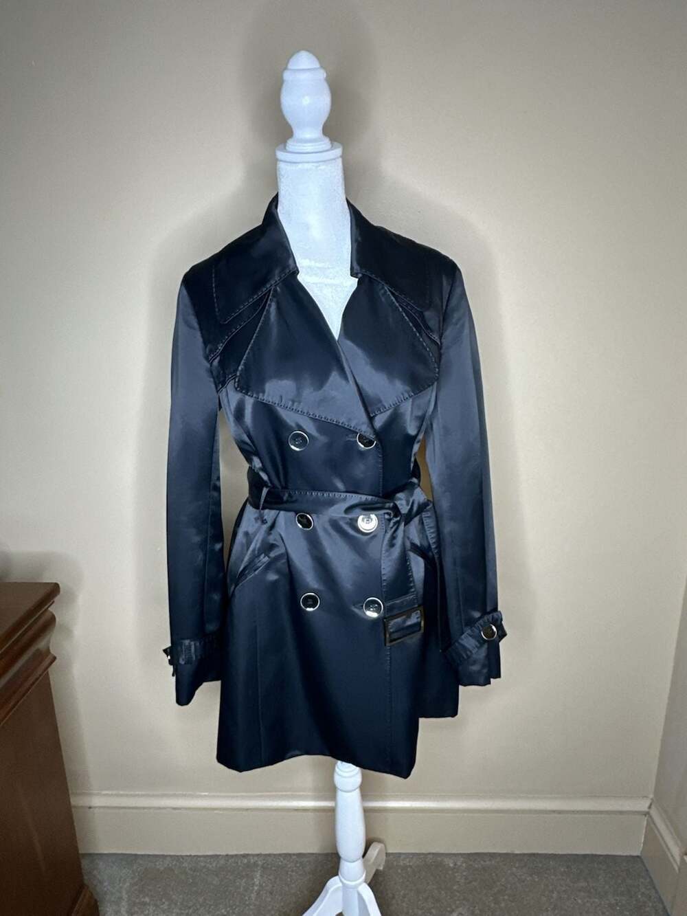Kenneth Cole New York Trench Coat Size S Black Satin Belted